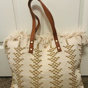 Fringed Cream and Tan Tote Bag